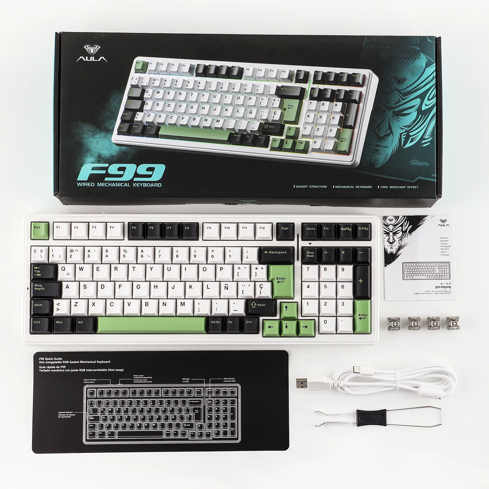 AULA F99 ISO-ES 96% QWERTY Layout Hot-Swap Spanish Gaming Keyboard with Cable RGB Backlighting Pre-lubricated Linear Switch
