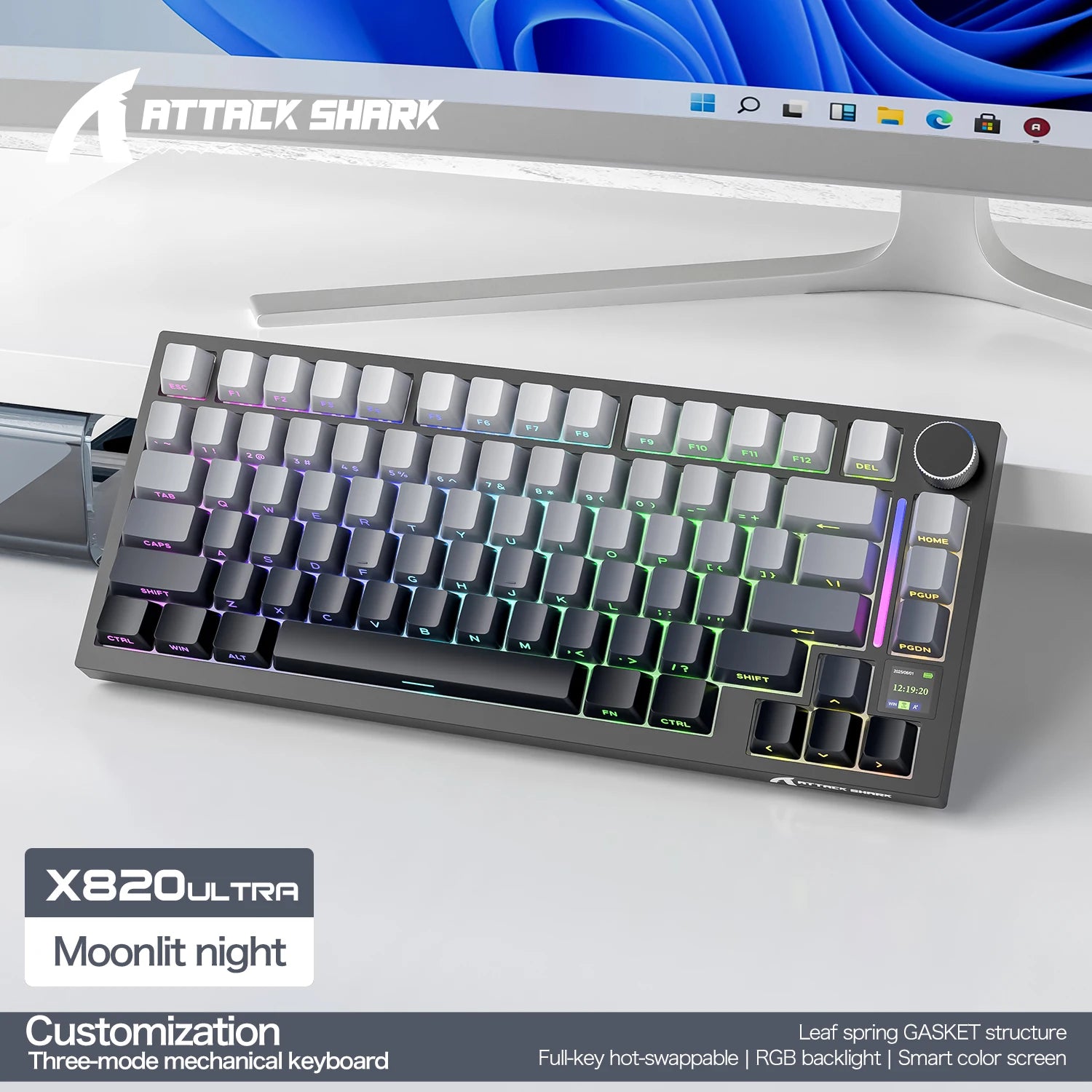 ATTACK SHARK X820 Ultra 75% Gasket-Mounte Wireless Mechanical Keyboard, Bluetooth/2.4G Wireless/Wired Mechanical Keyboard