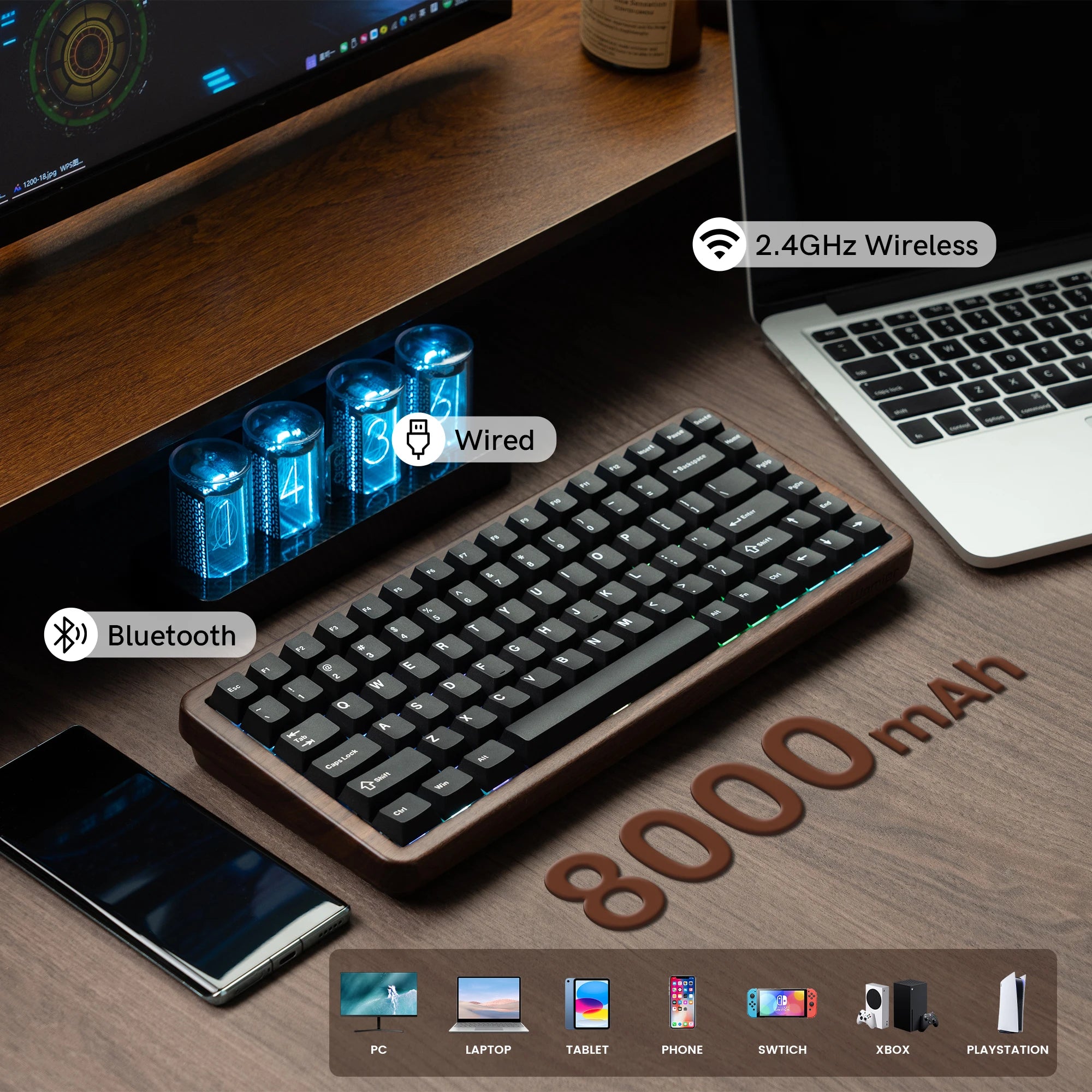 Womier WD75 V2 75% Wireless Mechanical Keyboard Wooden Case VIA Tri-Mode Hot Swappable RGB Gaming Keyboard