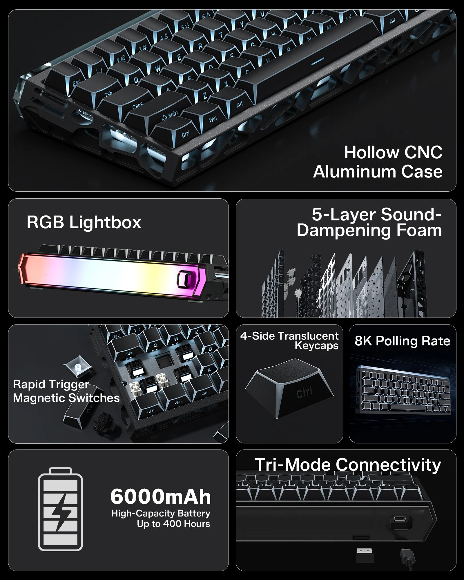 Womier SK61HE 60% Mechanical Gaming Keyboard Hollow-out Aluminum Case Hall Effect Magnetic Switch RGB Backlit Wireless Keyboard