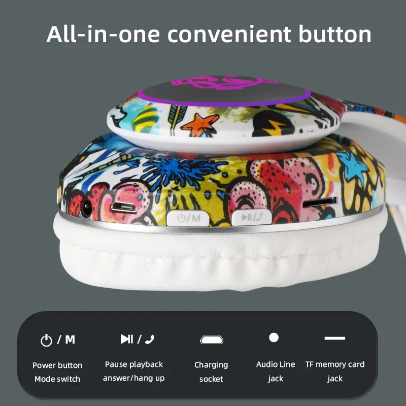 Graffiti Bluetooth Headphones Wireless LED Light Game Doodle Wireless Headsets With Mic  For Kids Boy Girl Gift Support TF Card