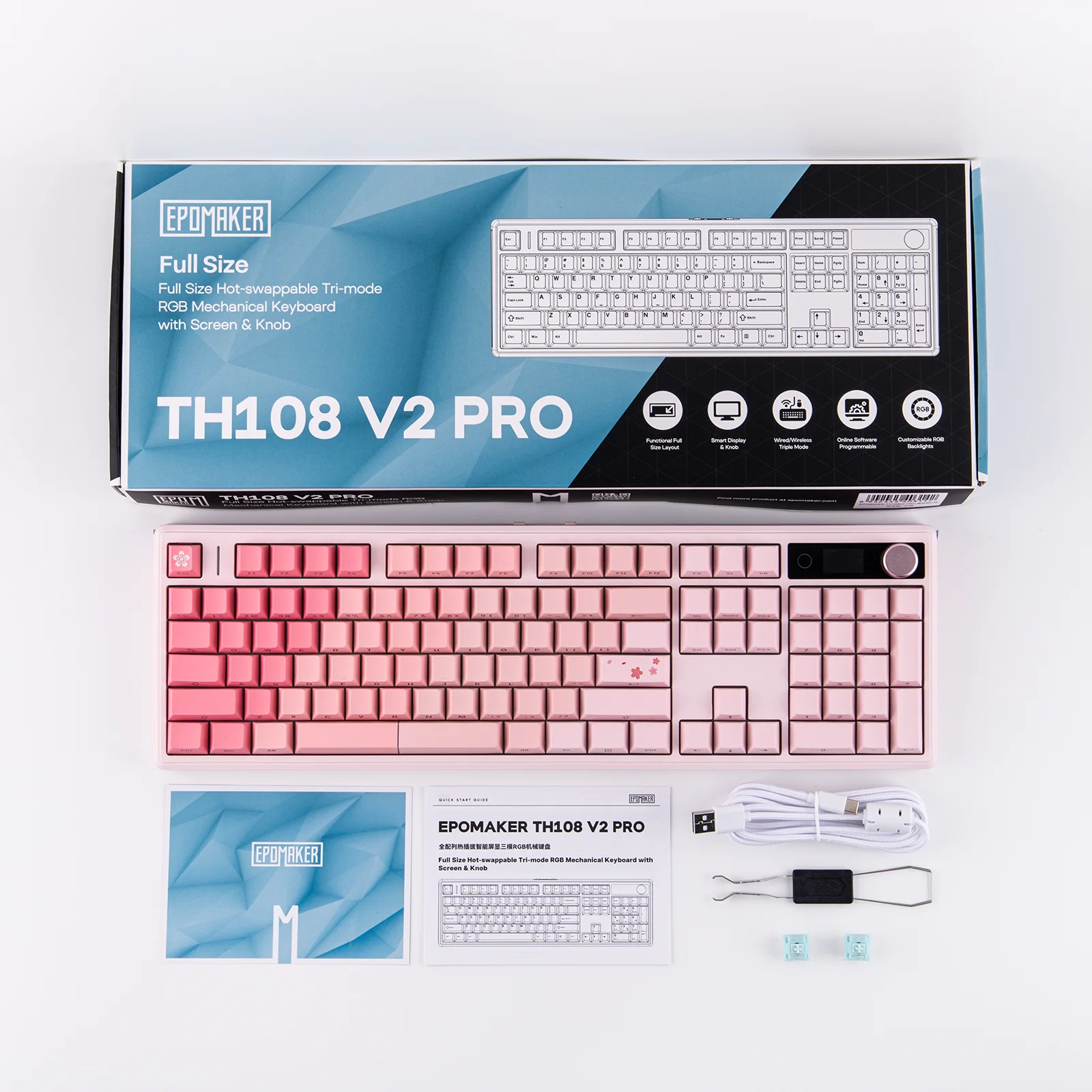EPOMAKER TH108 V2 PRO Full Size ANSI US Layout Gasket Tri-mode Wireless Mechanical Gaming Keyboard with RGB Backlight for Mac/PC