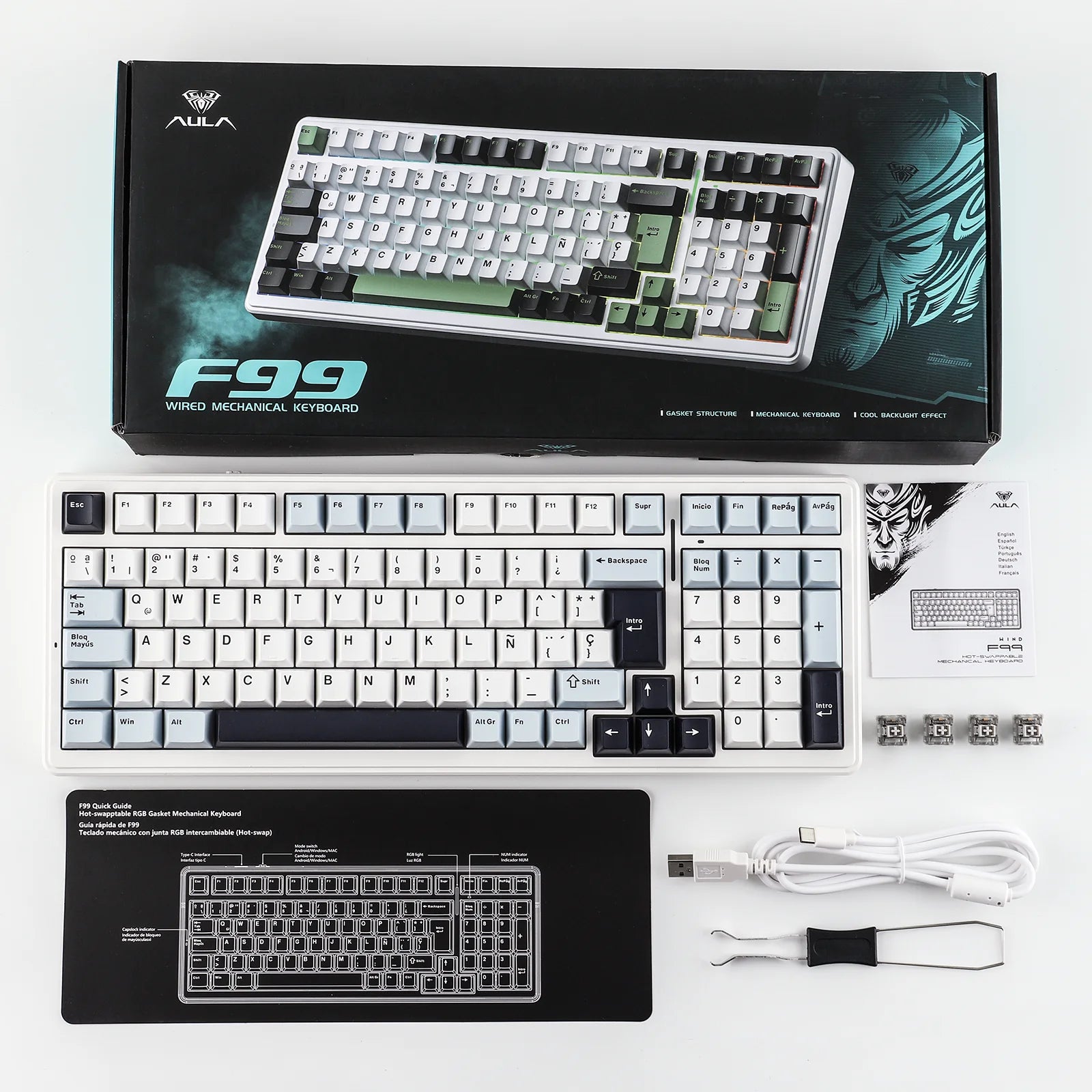 AULA F99 ISO-ES 96% QWERTY Layout Hot-Swap Spanish Gaming Keyboard with Cable RGB Backlighting Pre-lubricated Linear Switch