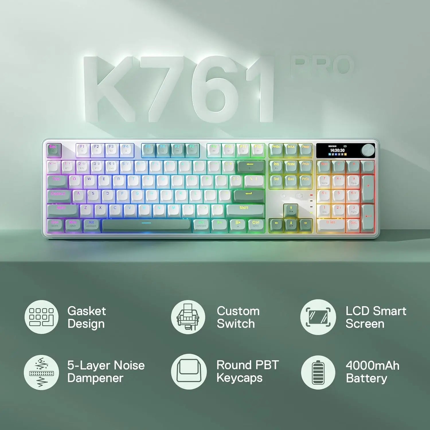 Redragon K761 Wireless Gasket Gaming Keyboard w/Hype Screen & Knob, 104 Keys Mechanical Keyboard