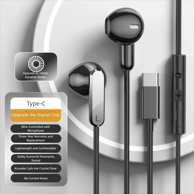Type C Wired Earphones 3.5mm In Ear Headphones With Microphone Bass Stereo Earbuds For iPhone 17 Pro Samsung Galaxy S25 Headset