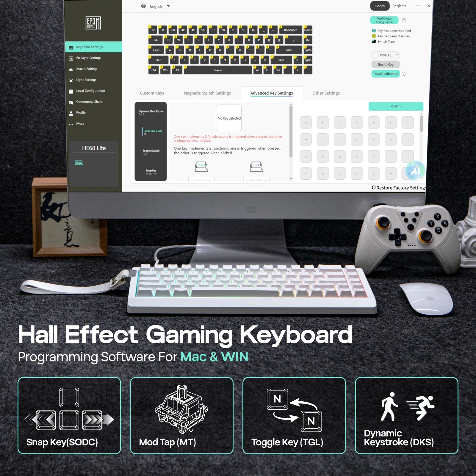 EPOMAKER HE68 Lite 65% ANSI US Layout Tray-Mounted Wired Hall Effect Magnetic Mechanical Keyboard DKS SOCD RGB Backlight