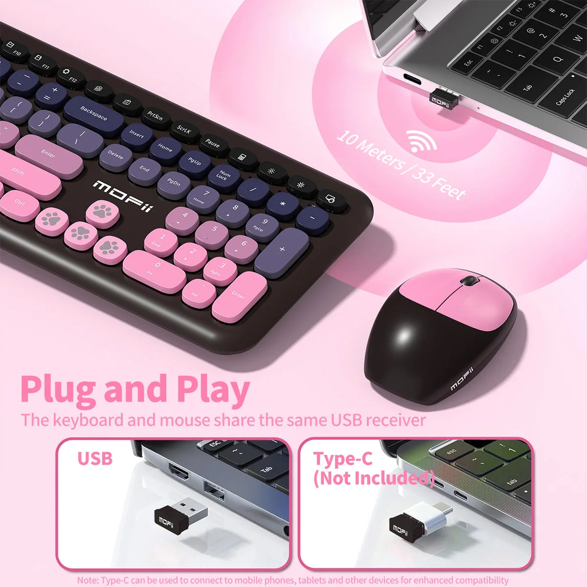 MOFii 1 Set 668 Wireless Keyboard and Mouse Combo, Gradient Keycaps Full Size Keyboard for Girls, 2.4G Plug and Play, US QWERTY