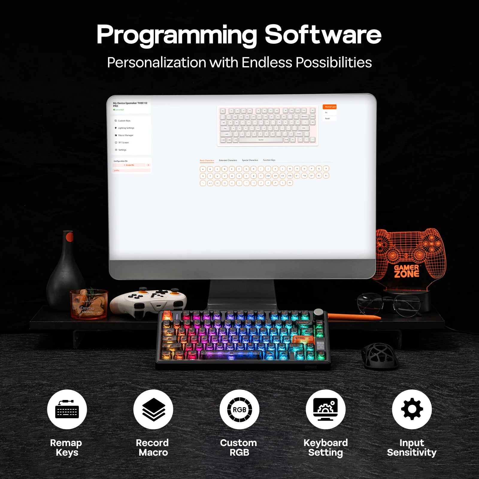 EPOMAKER TH80 V2 PRO 75% ANSI US Layout Wired/Bluetooth/2.4Ghz Wireless Mechanical Gaming Keyboard with Screen/ Knob & 10000mAh