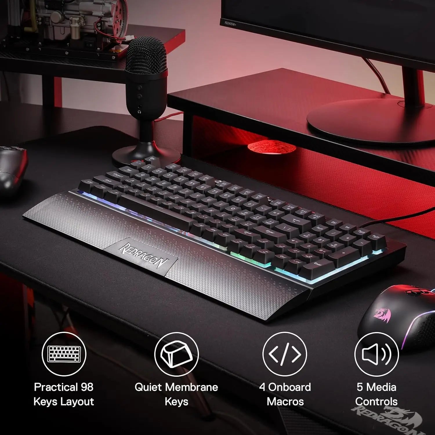 Redragon K515 Shiva Wired RGB Membrane Gaming Keyboard, 98 Keys Mechanical-Feel Keyboard w/Smooth Linear Switch