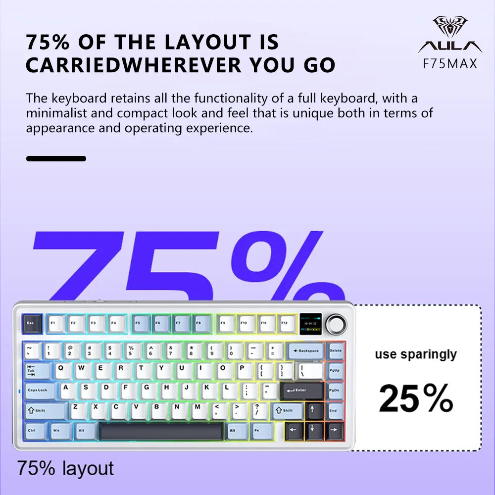 AULA F75 MAX Gaming Mechanical Keyboard 2.4G Wireless/BT/Wired Keyboard Hot-Swap RGB 75% 81 Keys Office Keyboard with TFT Screen