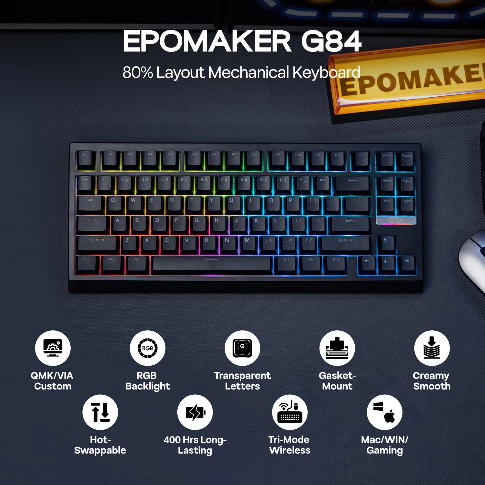 EPOMAKER G84 VIA 80% Layout Hot-Swap Gasket-Mounted Wired/2.4GHz/Bluetooth Wireless Mechanical Keyboard with RGB Backlight