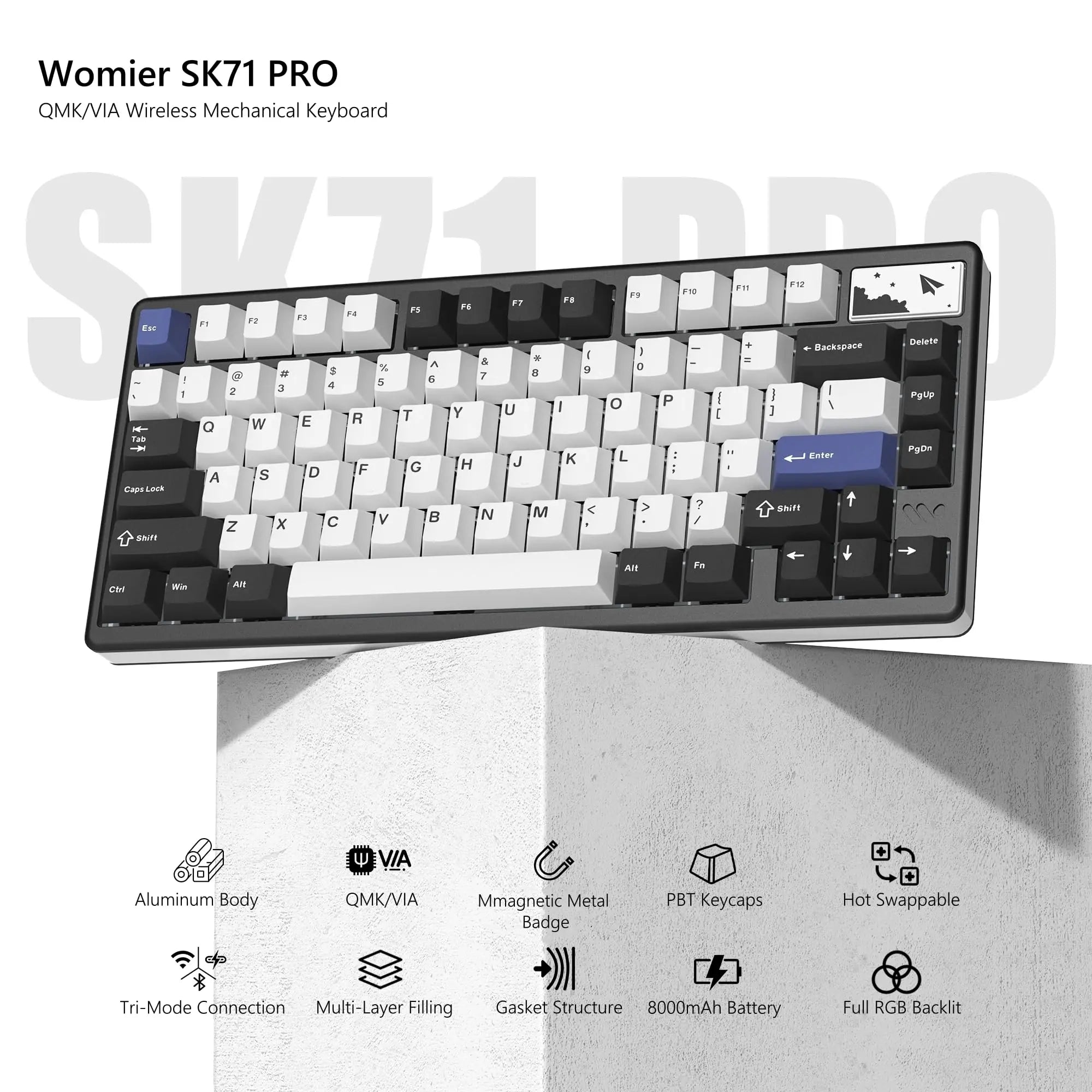 WOMIER SK71 Pro Wireless Mechanical Aluminum Keyboard 75% Hot Swappable Tri-Mode VIA Keyboard for Win/Mac