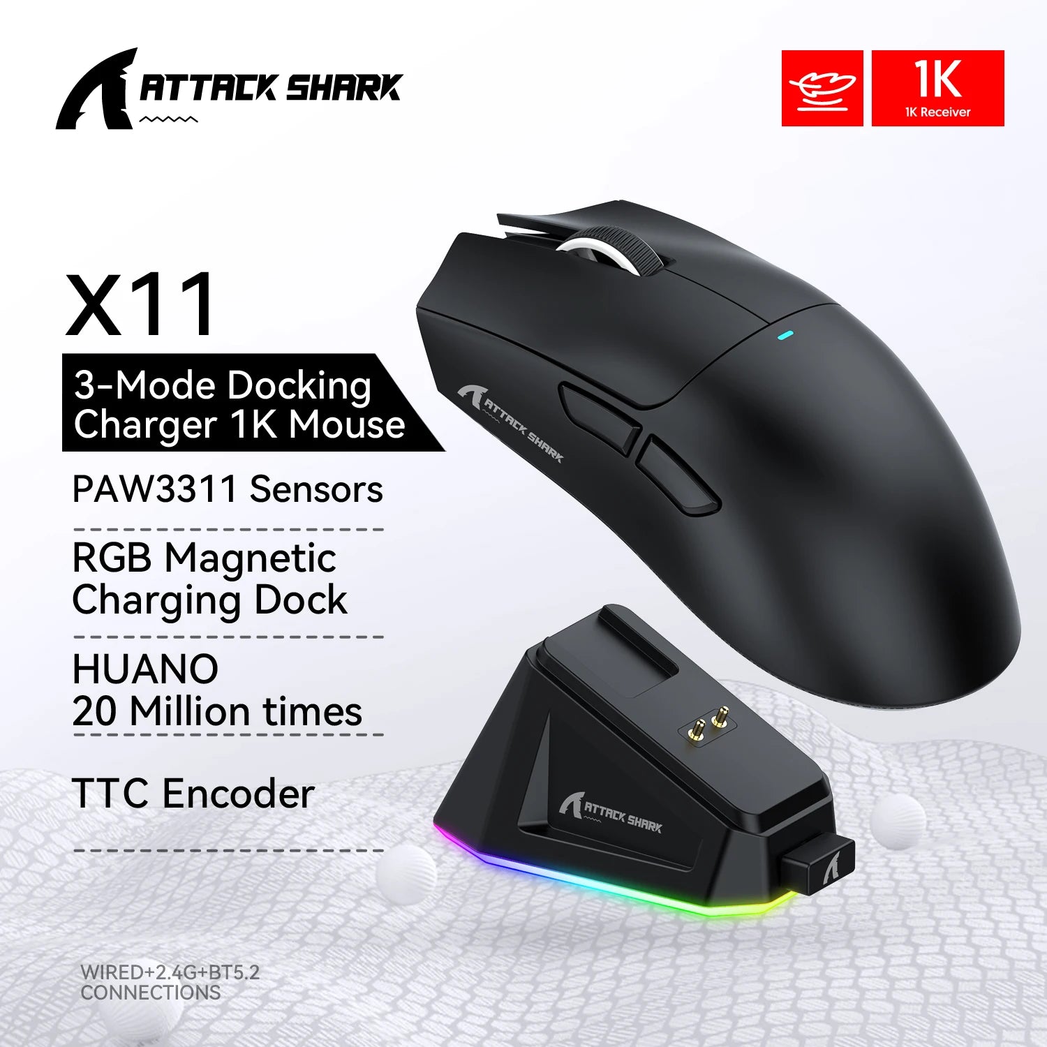 Ultra Light ATTACK SHARK X11 Tri-mode 2.4G Bluetooth Wired Programmable RGB Ergonomic Gaming Mouse For PC Laptop