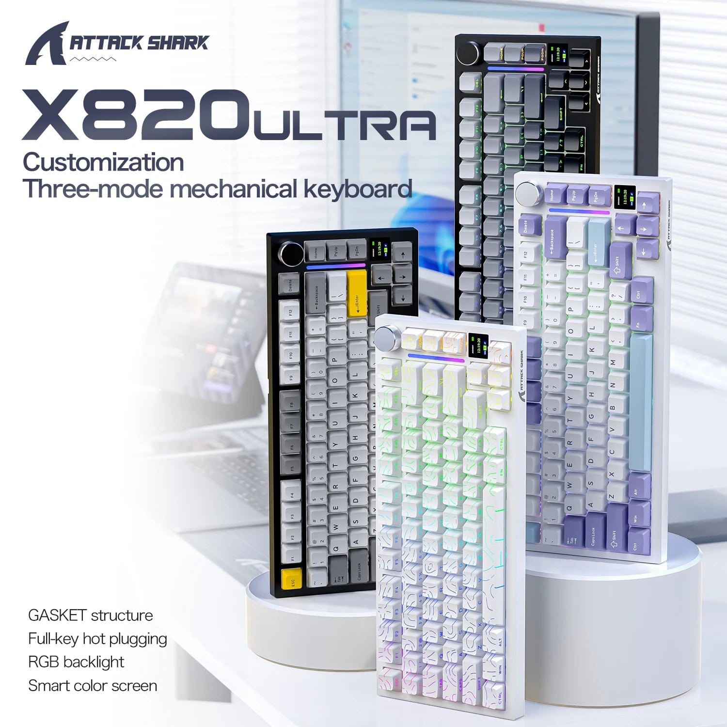 ATTACK SHARK X820 Ultra 75% Gasket-Mounte Wireless Mechanical Keyboard, Bluetooth/2.4G Wireless/Wired Mechanical Keyboard
