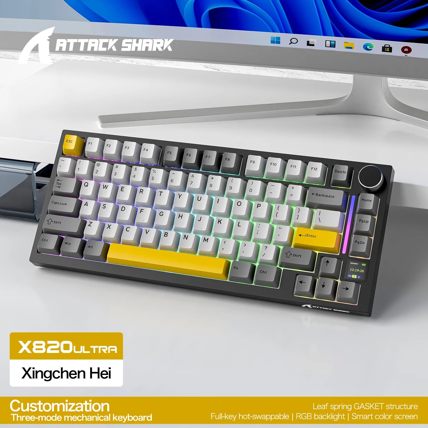ATTACK SHARK X820 Ultra 75% Gasket-Mounte Wireless Mechanical Keyboard, Bluetooth/2.4G Wireless/Wired Mechanical Keyboard