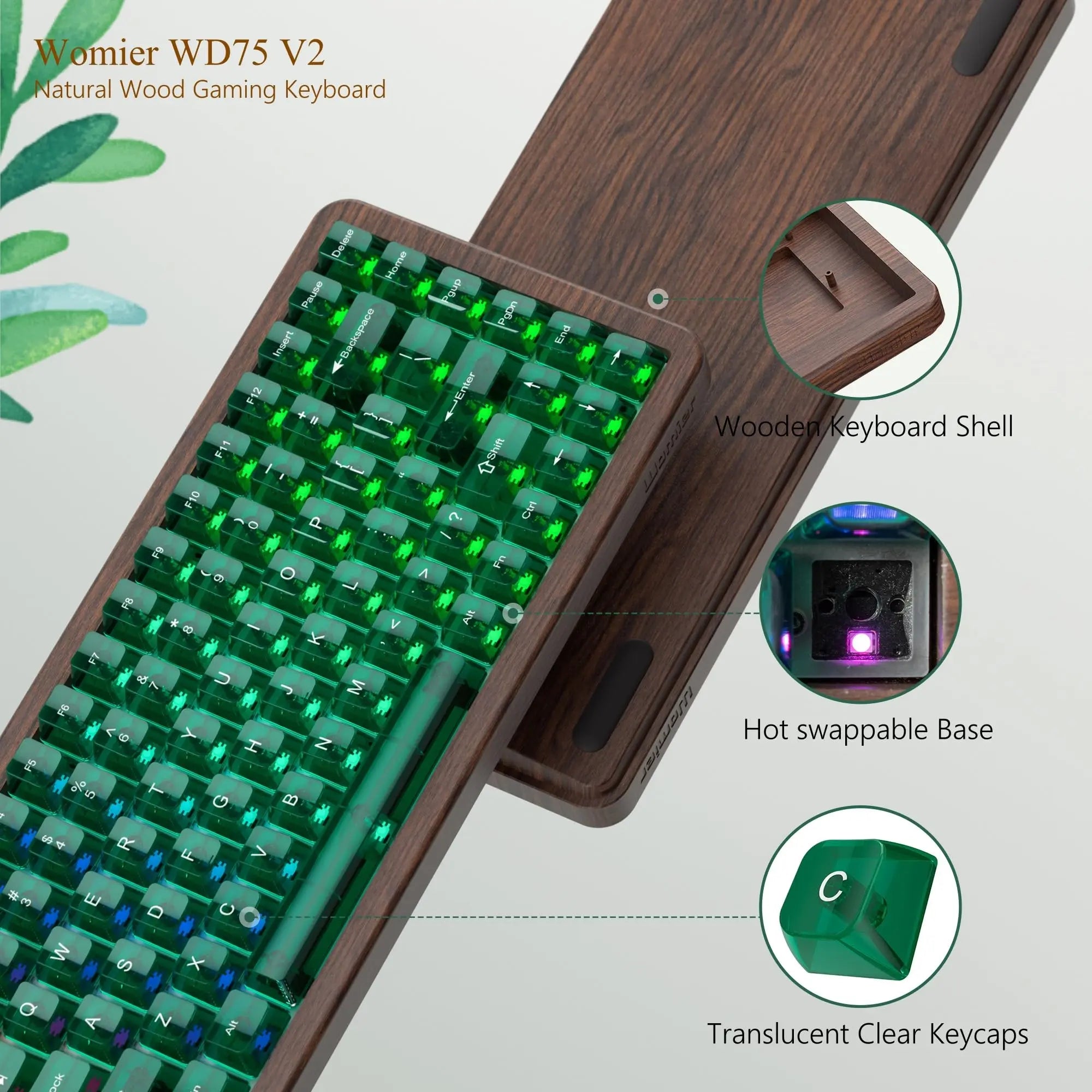 Womier WD75 V2 75% Keyboard with QMK/VIA Wood Gaming Keyboard Tri-Mode Wireless Mechanical Custom Key Board RGB Hot Swappable
