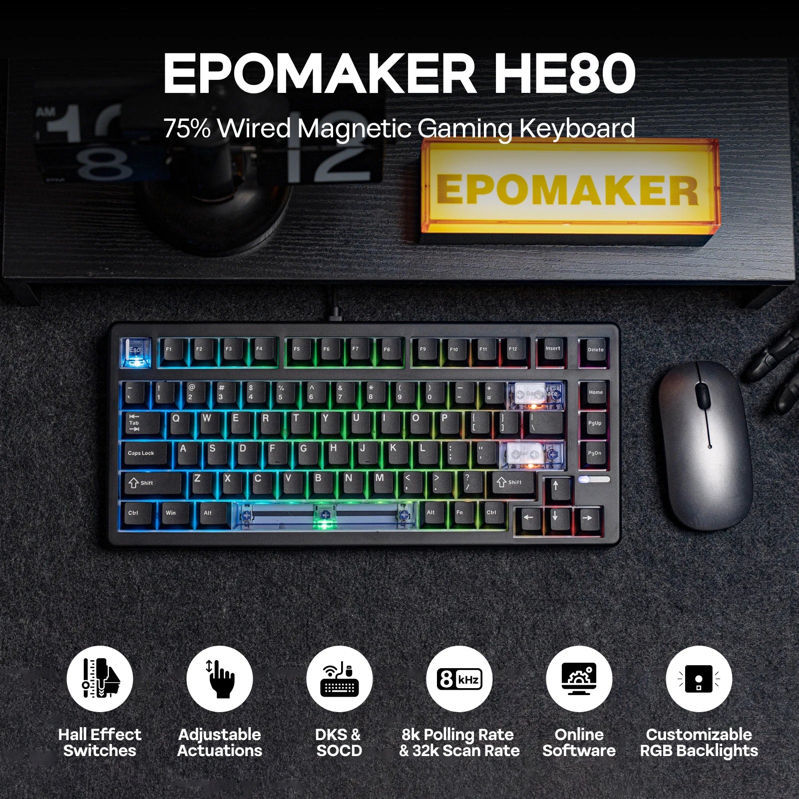 EPOMAKER HE80 75% US QWERTY Layout Hot-Swap Creamy Gasket Wired Hall Effect Magnetic Mechanical Keyboard DKS SOCD for PC/Mac