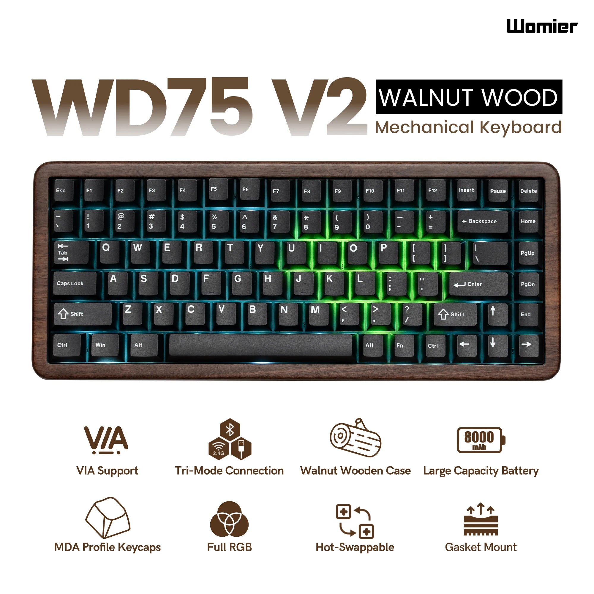 Womier WD75 V2 75% Wireless Mechanical Keyboard Wooden Case VIA Tri-Mode Hot Swappable RGB Gaming Keyboard