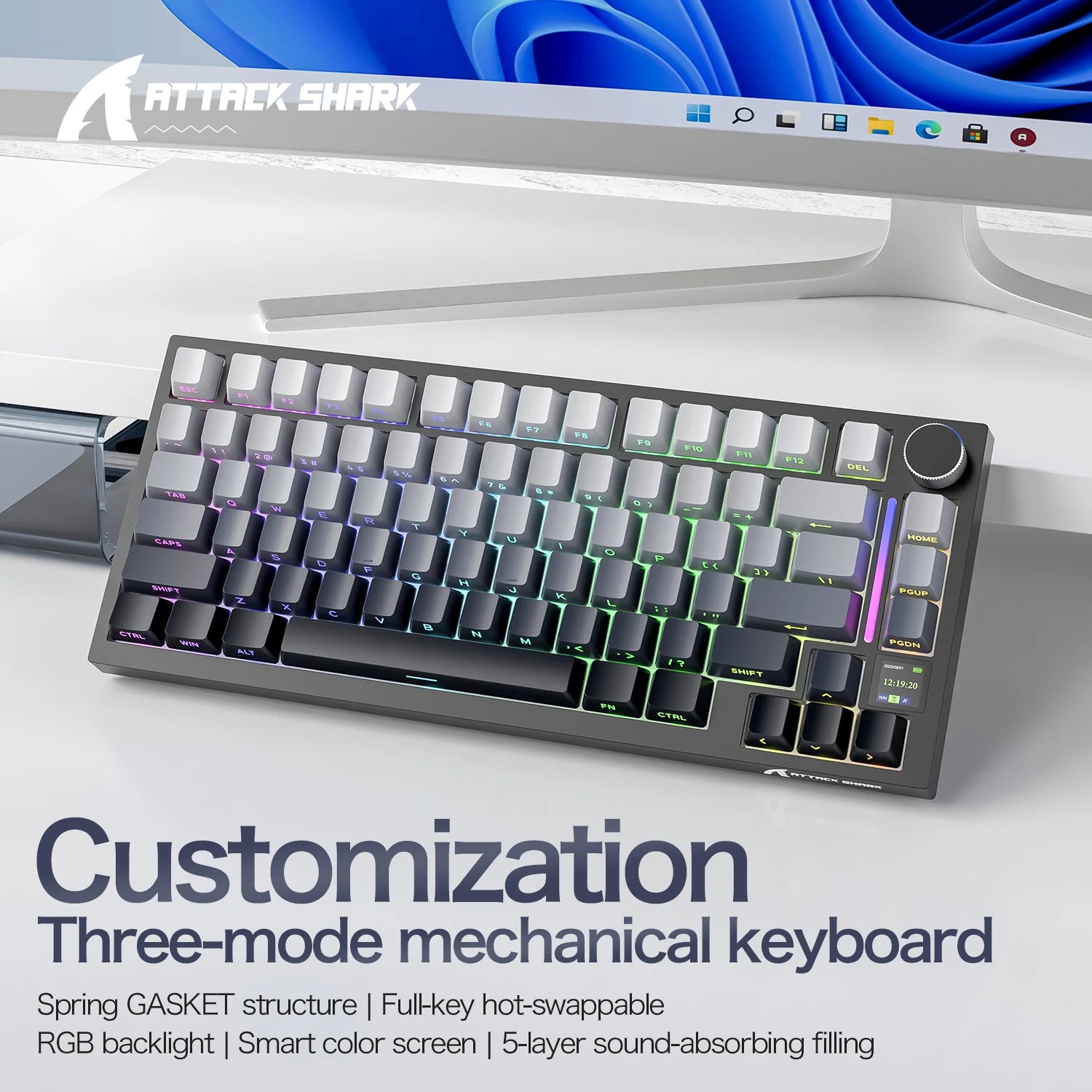 ATTACK SHARK X820 Ultra 75% Gasket-Mounte Wireless Mechanical Keyboard, Bluetooth/2.4G Wireless/Wired Mechanical Keyboard