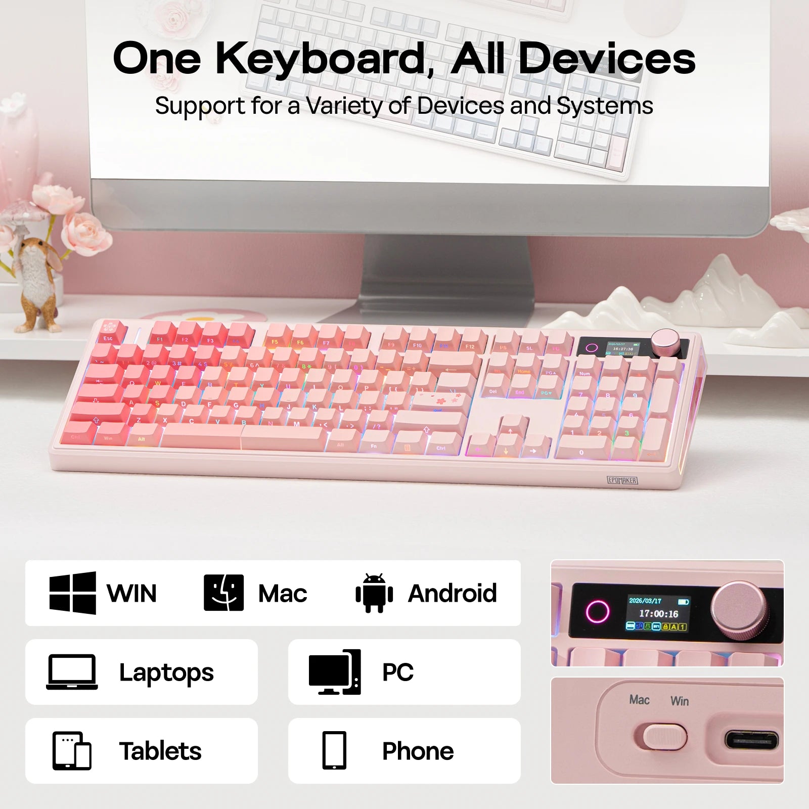 EPOMAKER TH108 V2 PRO Full Size ANSI US Layout Gasket Tri-mode Wireless Mechanical Gaming Keyboard with RGB Backlight for Mac/PC