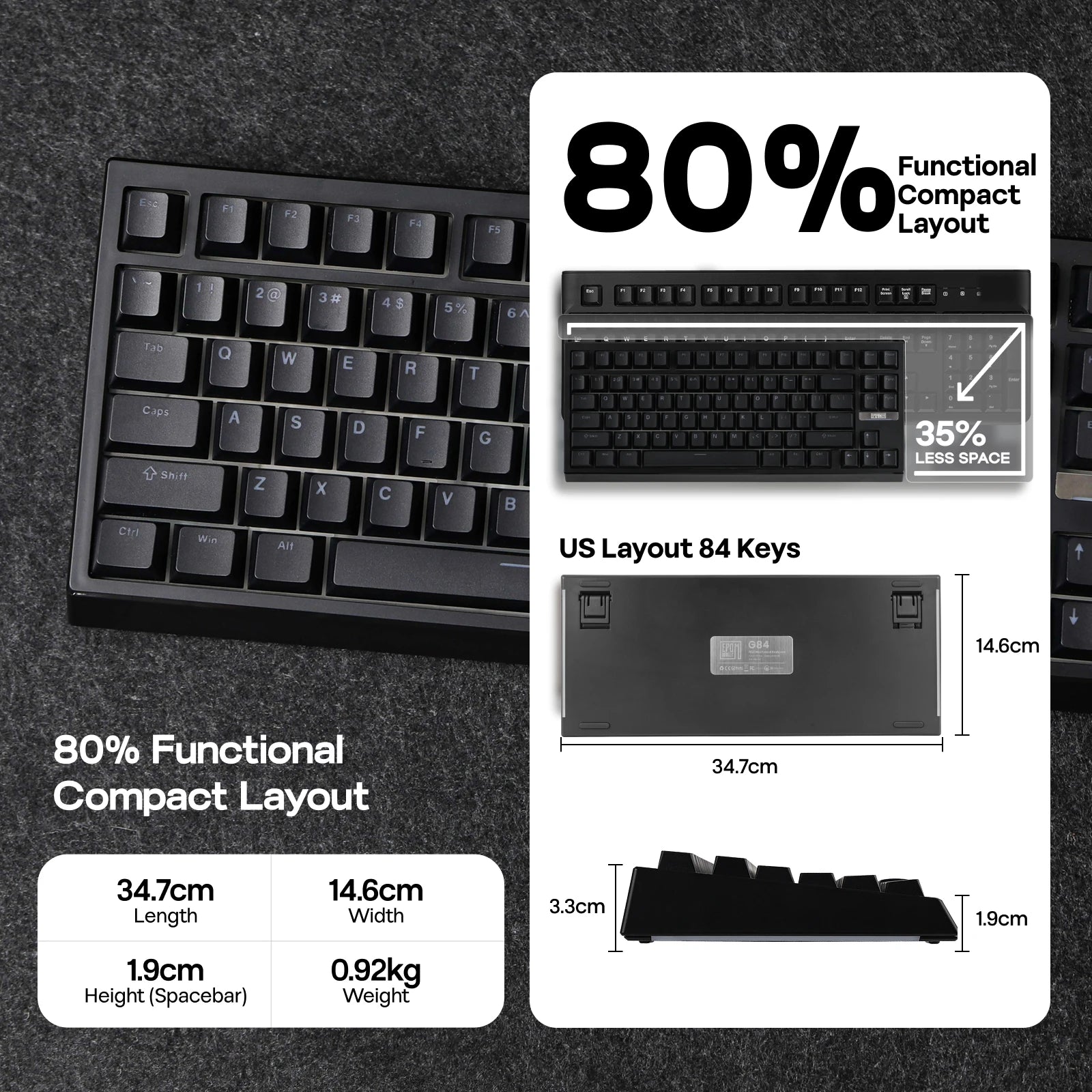 EPOMAKER G84 VIA 80% Layout Hot-Swap Gasket-Mounted Wired/2.4GHz/Bluetooth Wireless Mechanical Keyboard with RGB Backlight