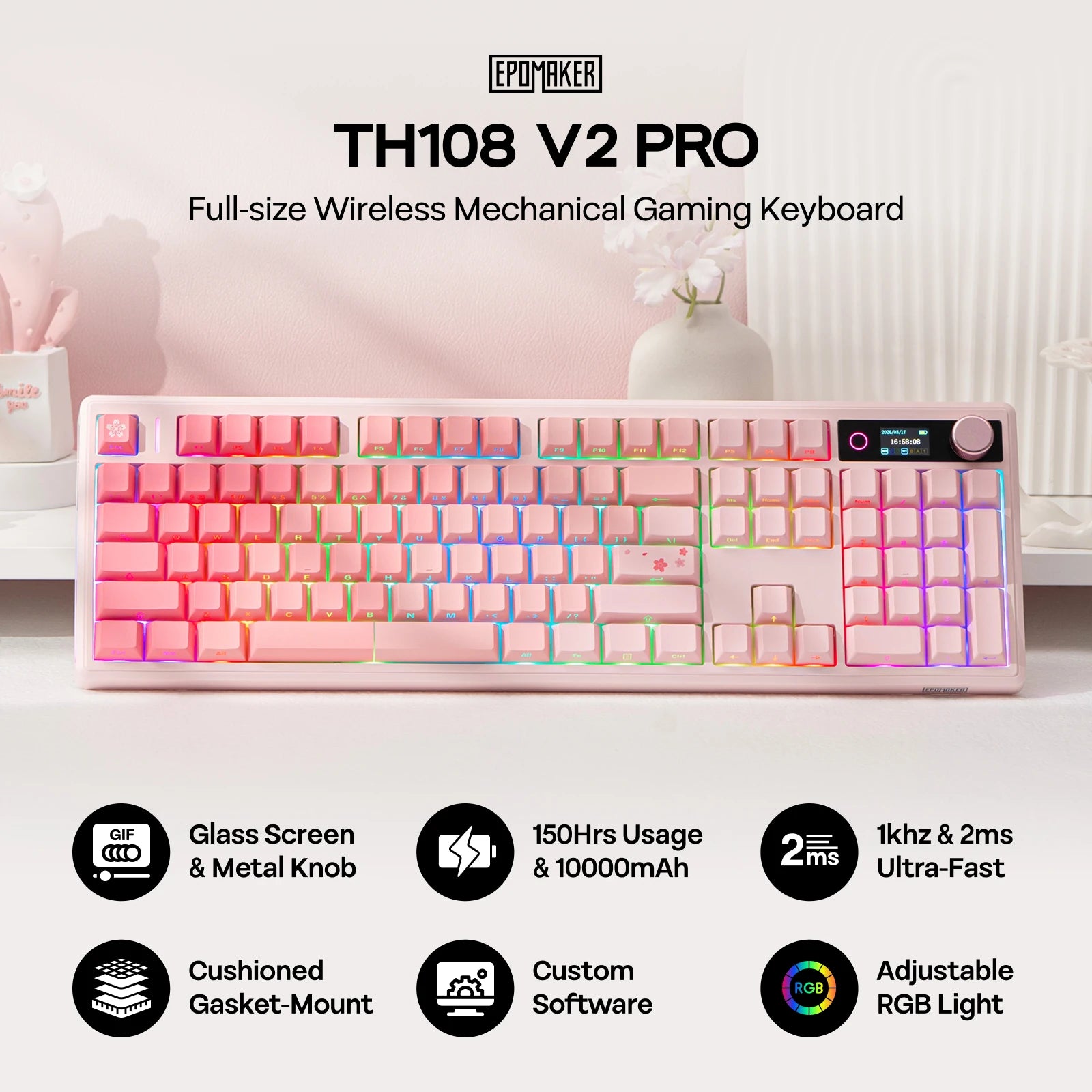 EPOMAKER TH108 V2 PRO Full Size ANSI US Layout Gasket Tri-mode Wireless Mechanical Gaming Keyboard with RGB Backlight for Mac/PC