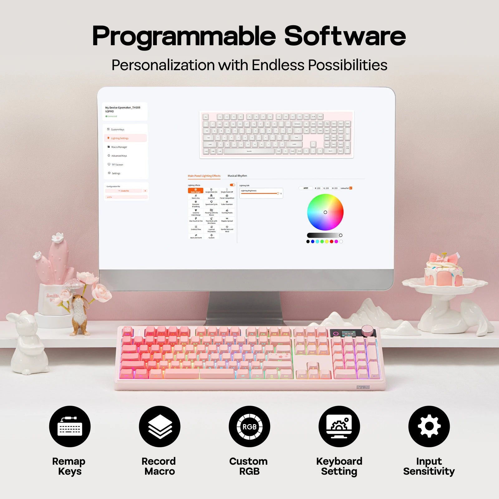 EPOMAKER TH108 V2 PRO Full Size ANSI US Layout Gasket Tri-mode Wireless Mechanical Gaming Keyboard with RGB Backlight for Mac/PC