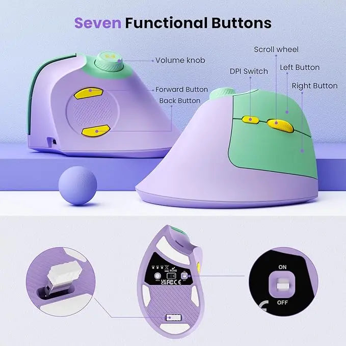 Ergonomic Mouse Rechargeable Vertical Wireless Mouse with Volume knob, Quiet clicks 3 Device Connection Optical Mice for Windows