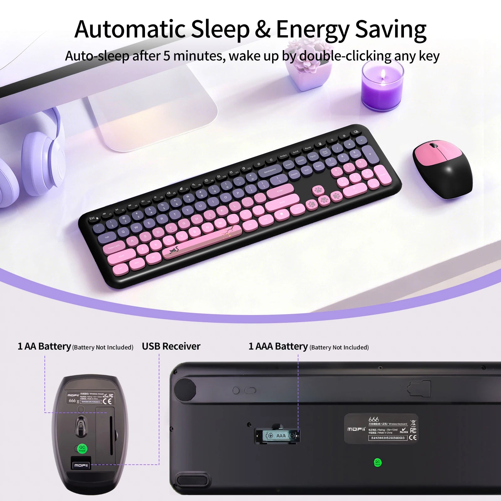 MOFii 1 Set 668 Wireless Keyboard and Mouse Combo, Gradient Keycaps Full Size Keyboard for Girls, 2.4G Plug and Play, US QWERTY