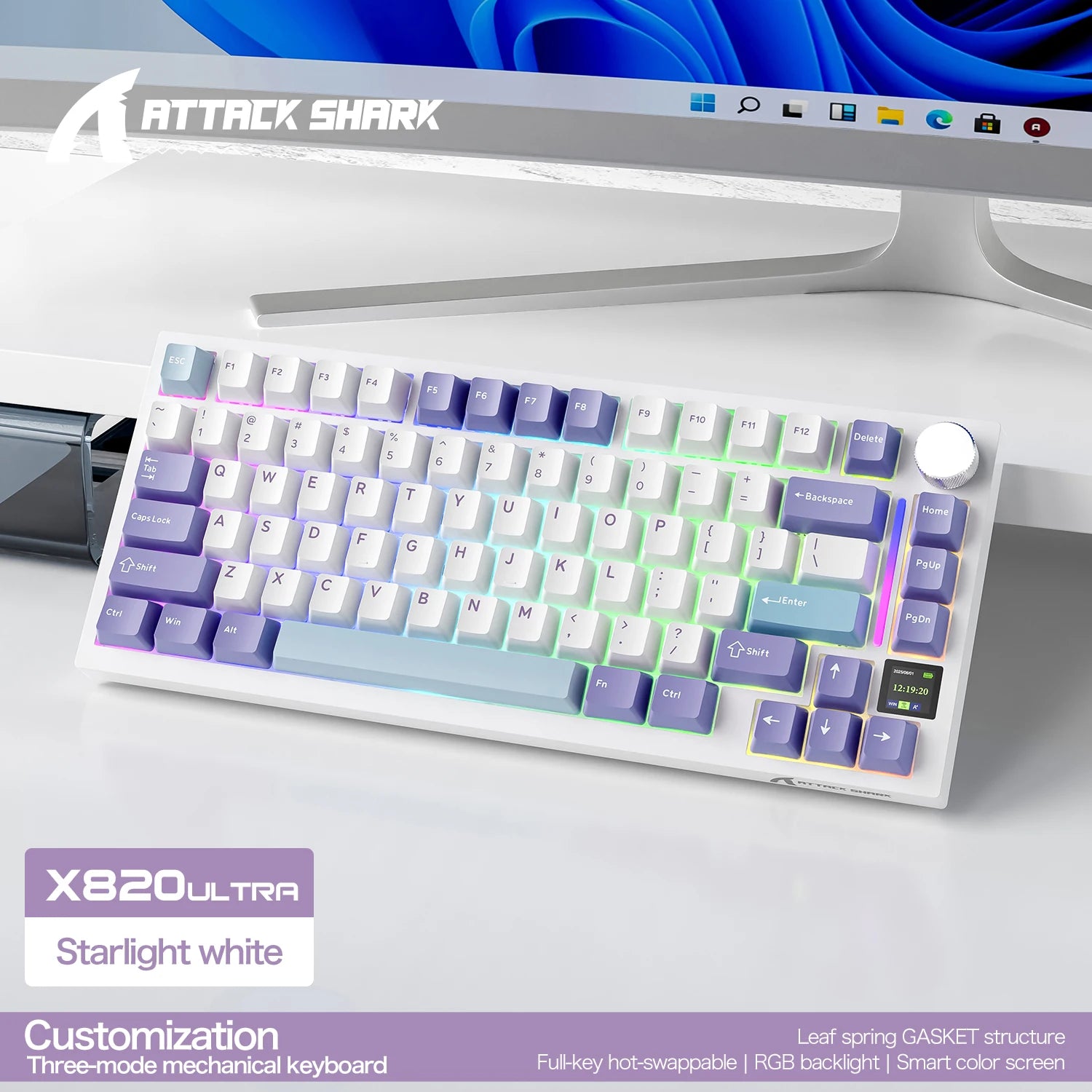 ATTACK SHARK X820 Ultra 75% Gasket-Mounte Wireless Mechanical Keyboard, Bluetooth/2.4G Wireless/Wired Mechanical Keyboard