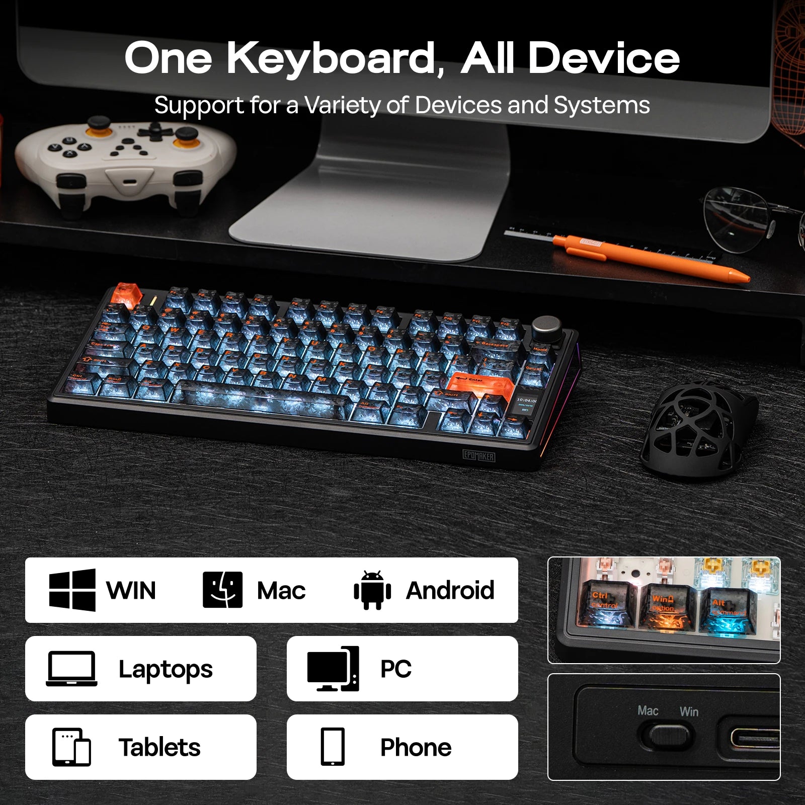 EPOMAKER TH80 V2 PRO 75% ANSI US Layout Wired/Bluetooth/2.4Ghz Wireless Mechanical Gaming Keyboard with Screen/ Knob & 10000mAh