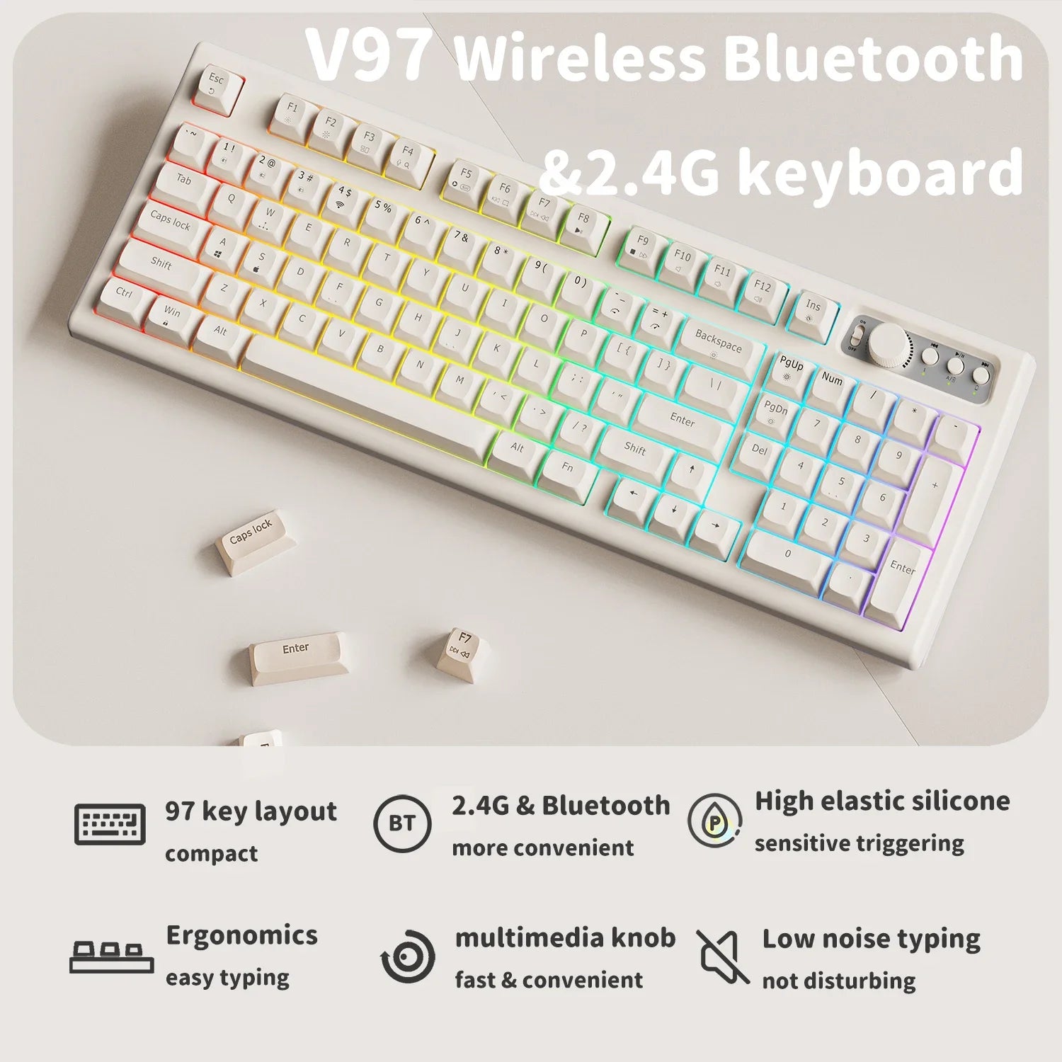 EWEADN V97PRO Wireless Keyboard Cute Creamy Bluetooth/2.4G Gaming Silent Keyboard with RGB Backlit Rechargeable for PC Gamer